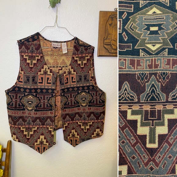 Vintage Geometric Aztec Tapestry Knit Southwestern Button Up Vest XL *READ DES* - Picture 1 of 12